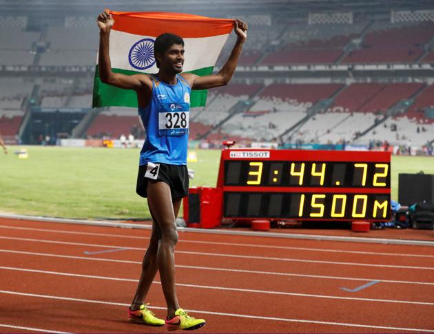 Jinson Johnson of India celebrates after the race at the 2018 Asian Games.(REUTERS)