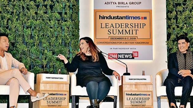 These were some of the questions that a panel on ‘Fashion and Luxury — The Road Ahead’ comprising Nepali-American designer Prabal Gurung, Greek designer Mary Katrantzou, and India’s very own couturier Manish Malhotra explored on the second day of the 17th Hindustan Times Leadership Summit on Saturday.(HT PHOTO)