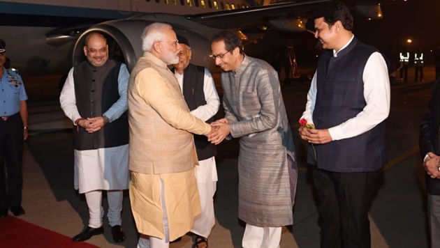 Besides Thackeray, home minister Amit Shah, who is in Pune, former chief minister Devendra Fadnavis and Governor Bhagat Singh Koshiyari were present to receive Modi.(HT Photo)