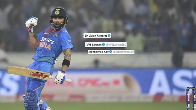 India’s Virat Kohli celebrates after win the first T20 match against West Indies at Rajiv Gandhi International Stadium in Hyderabad.(PTI Photo)