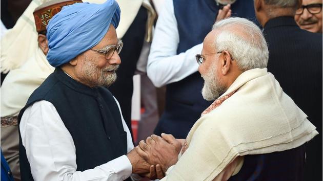 Prime Minister Narendra Modi greets senior Congress leader Manmohan Singh as they arrive to pay tribute to Bhimrao Ramji Ambedkar on his 64th Mahaparinirvan Diwas, at Parliament House in New Delhi. (Kamal Singh / PTI) Prime Minister Narendra Modi greets senior Congress leader Manmohan Singh as they arrive to pay tribute to Bhimrao Ramji Ambedkar on his 64th Mahaparinirvan Diwas, at Parliament House in New Delhi. (Kamal Singh / PTI)