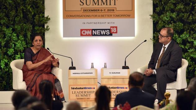 On slowing growth, Sitharaman said her attention is to make sure more is done for greater stimulus. “Tax rate cut is one among the many things we are thinking to boost stimulus,” said FM Sitharaman. She later said that the taxation regime will be simplified, exemption free. “We are moving towards a more simplified and harassment-free taxation regime,” said the finance minister. (Burhaan Kinu / HT PHOTO)