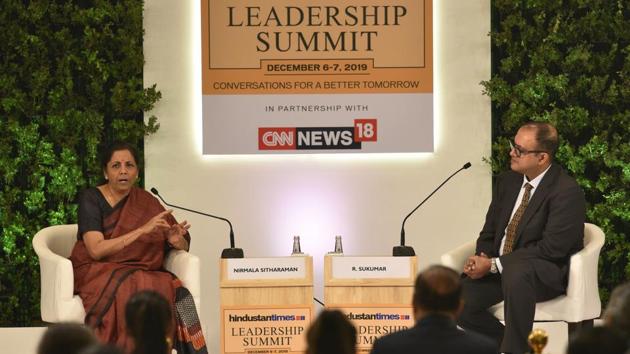 Nirmala Sitharaman, Minister of Finance, in conversation with R. Sukumar, Editor-in-Chief, Hindustan Times during HTLS 2019 in New Delhi on Saturday. (Burhaan Kinu/HT PHOTO)