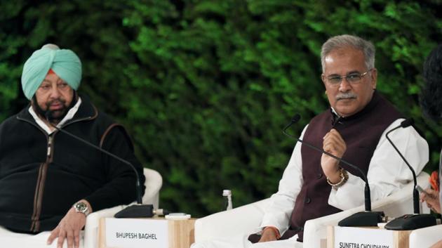 Punjab chief minister Capt. Amarinder Singh and Chhattisgarh chief minister Bhupesh Baghel at the Hindustan Times Leadership Summit in New Delhi, on Saturday, December 7, 2019.(Raj K Raj/HT Photo)