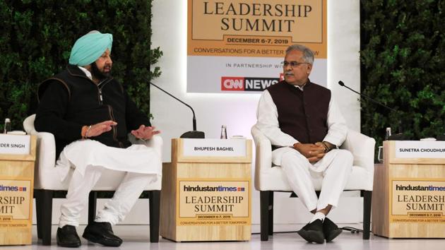 “Punjab has given the Centre whatever GST collection was made. We haven’t received GST compensation since August. We can’t keep borrowing to pay salaries,” said Amarinder Singh. On criticism that Congress wasn’t opposing GST hard enough, “Manmohan Singh held a press conference, Chidambaram held a press conference, spokespersons have been answering. We are going to protest in Delhi, too, come join us,” said Bhupesh Baghel. (Raj K Raj / HT Photo)
