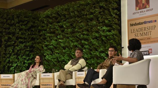 Members of Parliament Mahua Moitra, Manish Tewari and Jamyang Namgyal in conversation with Sunetra Choudhury, National Political Editor, Hindustan Times during HTLS 2019. (Sanjeev Verma/HT PHOTO)