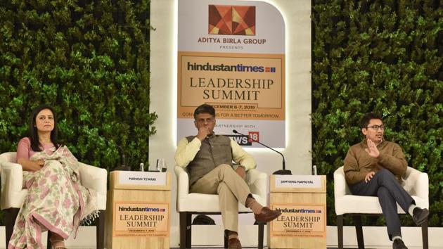 Members of Parliament Mahua Moitra, Manish Tewari and Jamyang Tsering Namgyal during HTLS 2019 in New Delhi on Saturday. (Sanjeev Verma/HT PHOTO)