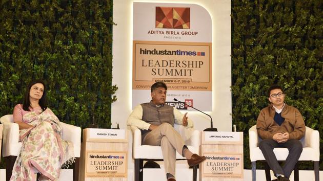 Members of Parliament, Mahua Moitra, Manish Tewari and Jamyang Namgyal, during the Hindustan Times Leadership Summit in New Delhi on Saturday.(Sanjeev Verma/HT PHOTO)