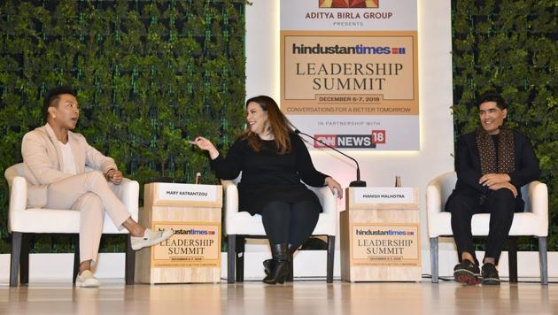 Prabal Gurung, Mary Katrantzou and Manish Malhotra during the Hindustan Times Leadership Summit at Taj Palace, in New Delhi.(Sanjeev Verma/HT PHOTO)