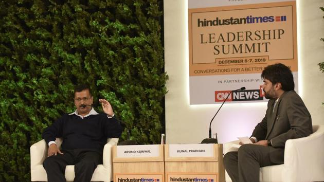 Delhi CM Arvind Kejriwal in conversation with Kunal Pradhan, Executive Editor, Hindustan Times during Hindustan Times Leadership Summit 2019. (Vipin Kumar/HT PHOTO)