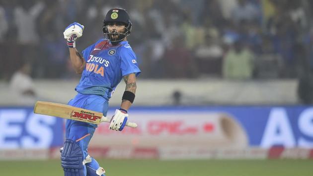 India's Virat Kohli celebrates after win the first T20 match against West Indies.(PTI)