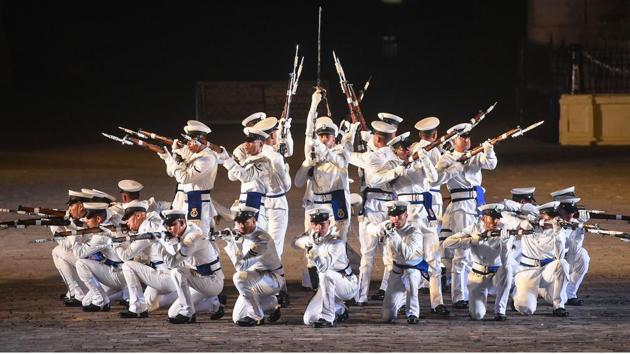 India Navy personnel perform with rifles during Navy Day celebrations in Mumbai, Maharashtra. (Shashank Parade / PTI) India Navy personnel perform with rifles during Navy Day celebrations in Mumbai, Maharashtra. (Shashank Parade / PTI)