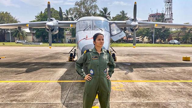 Sub-lieutenant Shivangi stands infront of the Dornier surveillance aircraft. Shivangi became the first woman pilot to join the Indian Navy on completion of operational training. She joined operational duties at Kochi naval base and will be flying the Naval Dornier surveillance aircraft. (PTI) Sub-lieutenant Shivangi stands infront of the Dornier surveillance aircraft. Shivangi became the first woman pilot to join the Indian Navy on completion of operational training. She joined operational duties at Kochi naval base and will be flying the Naval Dornier surveillance aircraft. (PTI)
