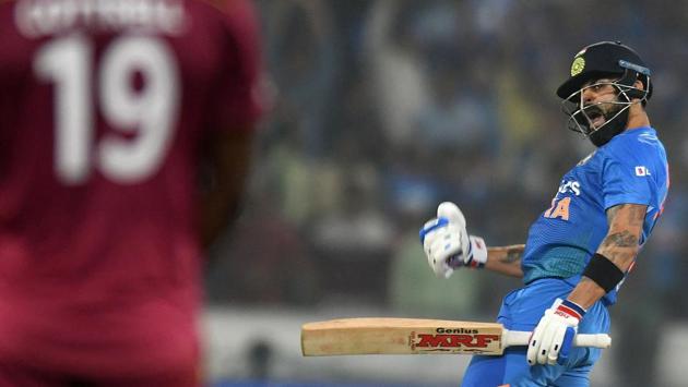 Indian cricket captain Virat Kohli celebrates winning the match against West Indies during the first T20 international cricket match of a three-match series between India and West Indies at the Rajiv Gandhi International Cricket Stadium in Hyderabad, Telangana. (Noah Seelam / AFP) Indian cricket captain Virat Kohli celebrates winning the match against West Indies during the first T20 international cricket match of a three-match series between India and West Indies at the Rajiv Gandhi International Cricket Stadium in Hyderabad, Telangana. (Noah Seelam / AFP)