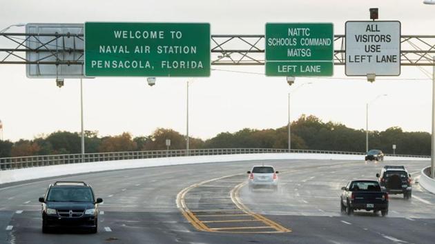 Traffic on and off base is restricted after a member of the Saudi Air Force visiting the United States for military training was the suspect in a shooting at Naval Air Station Pensacola, in Pensacola, Florida. (REUTERS) Traffic on and off base is restricted after a member of the Saudi Air Force visiting the United States for military training was the suspect in a shooting at Naval Air Station Pensacola, in Pensacola, Florida. (REUTERS)