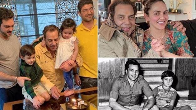 Dharmendra cuts a cake with his grandchildren with him.(Instagram)