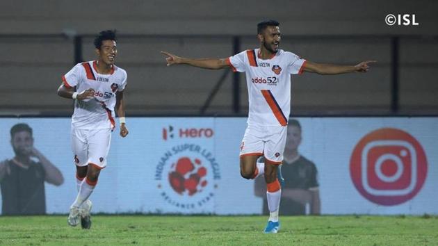 Manvir Singh after scoring against Hyderabad FC.(ISL) Manvir Singh after scoring against Hyderabad FC.(ISL)