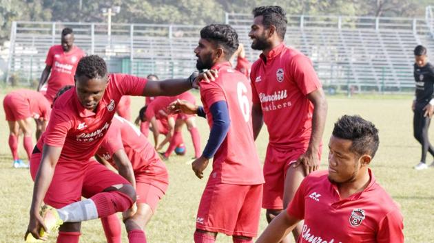 Churchill Brothers S.C. players during a practice session.(ANI)