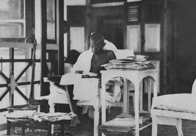 Mahatma Gandhi reading his correspondence after being released from prison, May 20, 1924(Getty Images)