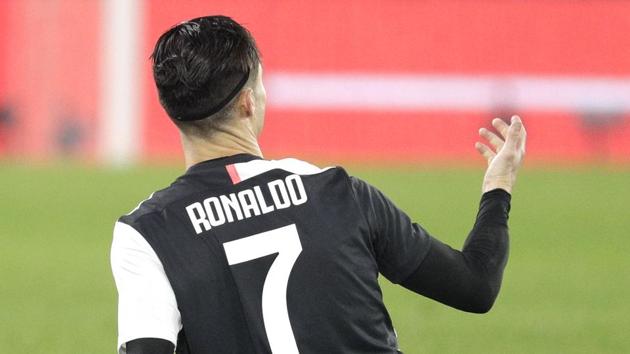 Juventus' Cristiano Ronaldo reacts during the Italian Serie A soccer match between Lazio and Juventus.(AP)