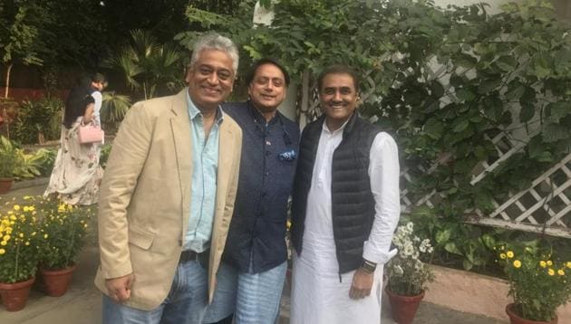 (From left) Rajdeep Sardesai, Shashi Tharoor and Praful Patel.(Rajdeep Sardesai/Twitter)