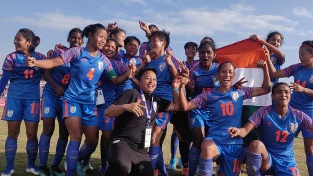 India Women’s football team celebrates.(AIFF)