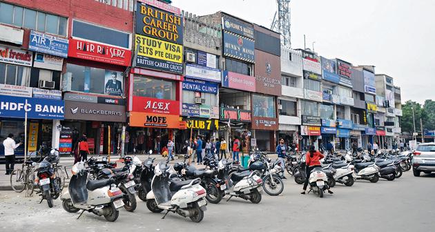 Private coaching centres in Mohali markets such as those in Phase 7 continue to flout fire-safety norms. They are closed from all sides with no properly marked exit and entry points.(ANIL DAYAL/HT)