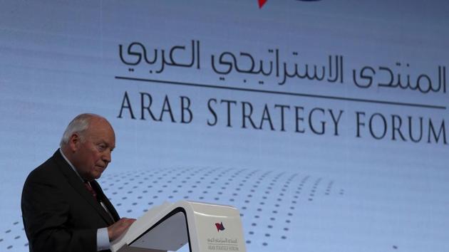 Former U.S. Vice President Dick Cheney talks to the audience at the Arab Strategy Forum in Dubai, United Arab Emirates, Monday, Dec. 9, 2019. Cheney warned Monday that "American disengagement" in the Middle East will benefit only Iran and Russia, indirectly criticizing President Donald Trump's pledges to pull forces out of the region. (AP) Former U.S. Vice President Dick Cheney talks to the audience at the Arab Strategy Forum in Dubai, United Arab Emirates, Monday, Dec. 9, 2019. Cheney warned Monday that "American disengagement" in the Middle East will benefit only Iran and Russia, indirectly criticizing President Donald Trump's pledges to pull forces out of the region. (AP)