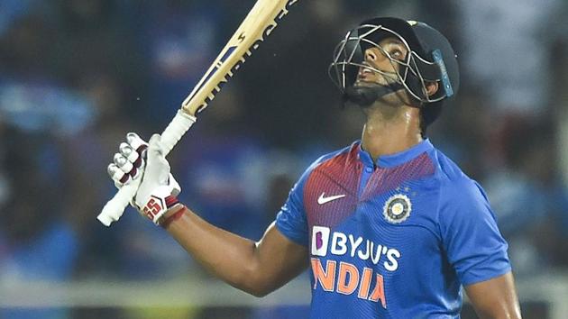 Thiruvananthapuram: Indian batsman Shivam Dube raises his bat after completing half century.(PTI)