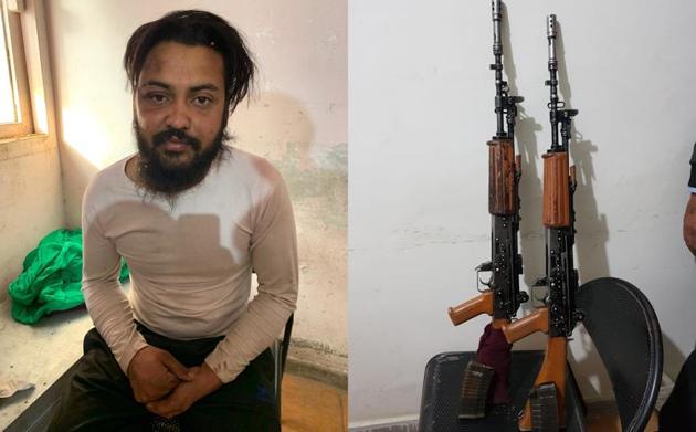 Army deserter Harpreet Singh, 25, after his arrest in Hoshiarpur on Monday night and (right) the two INSAS rifles that he stole along with an accomplice Jagtar Singh from an army training centre at Pachmarhi in Madhya Pradesh on December 5.(HT Photos)