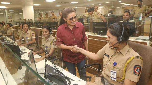 Rani Mukerji greets a policewoman in Mumbai.