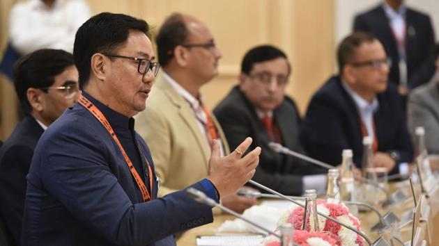 Union Minister of Youths and Sports (I/C) Kiren Rijiju chairs a conference with ministers, secretaries and principal secretaries. (PTI) Union Minister of Youths and Sports (I/C) Kiren Rijiju chairs a conference with ministers, secretaries and principal secretaries. (PTI)