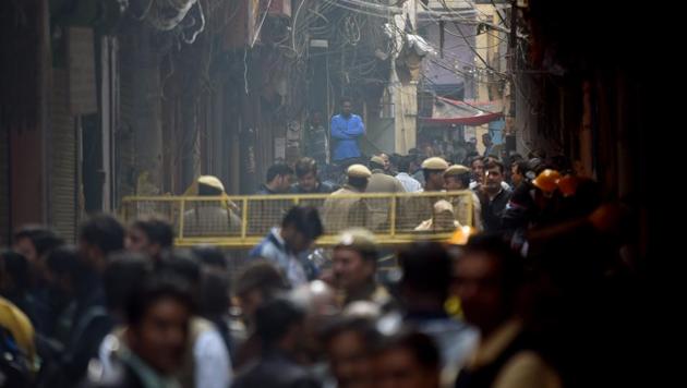 A view of the site near the plastic factory where a fire killed 43 people yesterday, at Anaj Mandi, in New Delhi, India, on Monday, December 9, 2019. (Amal KS/HT PHOTO) A view of the site near the plastic factory where a fire killed 43 people yesterday, at Anaj Mandi, in New Delhi, India, on Monday, December 9, 2019. (Amal KS/HT PHOTO)