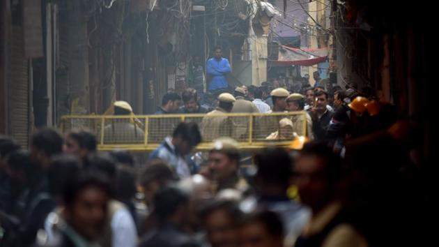 A view of the site near the plastic factory where a fire killed 43 people at Anaj Mandi, in New Delhi, India, on December 8, 2019. (Amal KS/HT PHOTO) A view of the site near the plastic factory where a fire killed 43 people at Anaj Mandi, in New Delhi, India, on December 8, 2019. (Amal KS/HT PHOTO)