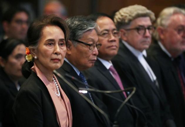 Myanmar's leader Aung San Suu Kyi attends a hearing in a case filed by Gambia against Myanmar alleging genocide against the minority Muslim Rohingya population, at the International Court of Justice (ICJ) in The Hague, Netherlands December 10, 2019.(REUTERS)