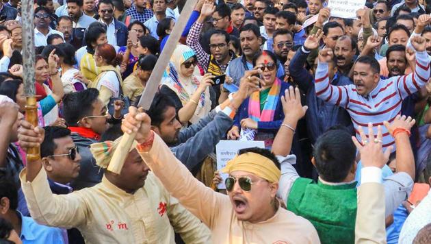 A protest in Assam’s Jorhat against Citizenship (Amendment) Bill on Monday (PTI Photo) A protest in Assam’s Jorhat against Citizenship (Amendment) Bill on Monday (PTI Photo)