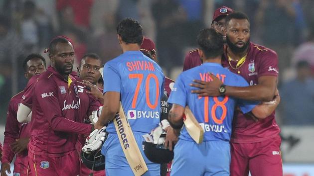 File image: West Indies' captain Kieron Pollard, right, hugs India's captain Virat Kohli.(AP)