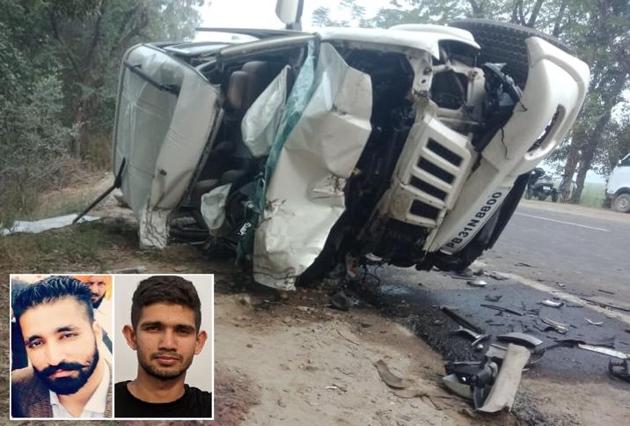 Mangled remains of the SUV on Sunam-Patiala road on Wednesday; and deceased Kamaldeep Singh (inset, left) and Chirag Nain (inset, right). (HT PHOTOS) Mangled remains of the SUV on Sunam-Patiala road on Wednesday; and deceased Kamaldeep Singh (inset, left) and Chirag Nain (inset, right). (HT PHOTOS)