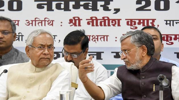 Patna: Bihar Chief Minister Nitish Kumar and deputy CM Sushil Kumar Modi during 'Climate Resilience Agriculture Program' under Jal Jeevan Hariyali Abhiyan, in Patna. (Photo: PTI) Patna: Bihar Chief Minister Nitish Kumar and deputy CM Sushil Kumar Modi during 'Climate Resilience Agriculture Program' under Jal Jeevan Hariyali Abhiyan, in Patna. (Photo: PTI)