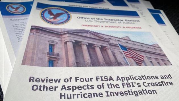 The U.S. Justice Department's Inspector General Michael Horowitz's report entitled "Review of Four FISA Applications and Other Aspects of the FBI's Crossfire Hurrican Investigation" about the origins of the FBI's investigation into contacts between Donald Trump's 2016 presidential campaign and Russia was released on Monday.(REUTERS)