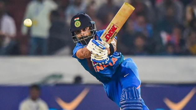 India's skipper Virat Kohli plays a shot against West Indies.(PTI)