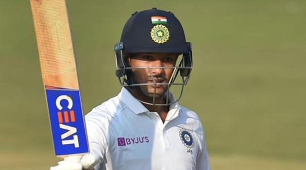 Indore: Indian batsman Mayank Agarwal holds up his bat as he reacts after scoring a double century on the second day of the first cricket test match against Bangladesh, in Indore, Friday, Nov. 15, 2019.(PTI)