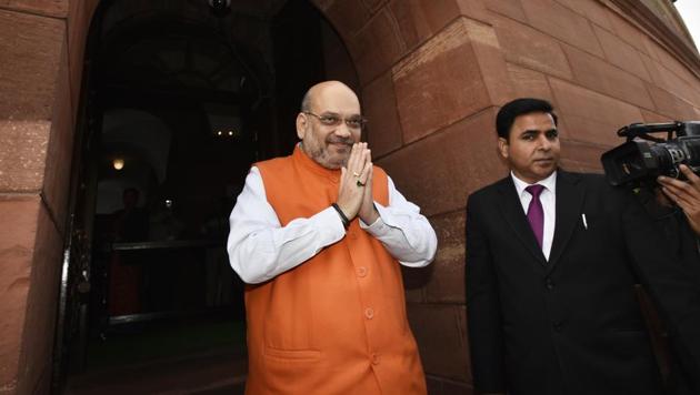Union Home Minister Amit Shah arrives to attend the ongoing winter session of Parliament, in New Delhi on December 9, 2019.(Sanjeev Verma/HT PHOTO)