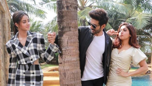 Kartik Aaryan, Ananya Pandey and Bhumi Pednekar during the promotions of their film Pati Patni Aur Woh.(IANS)