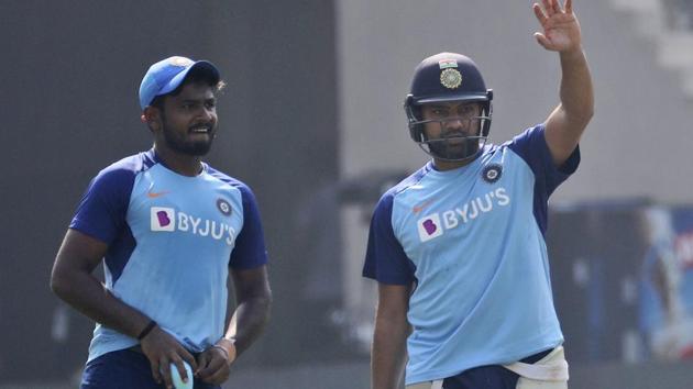 India's Rohit Sharma, right, gestures during a training session. (AP) India's Rohit Sharma, right, gestures during a training session. (AP)