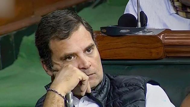 Congress leader Rahul Gandhi in Lok Sabha during the ongoing Winter Session of Parliament, in New Delhi, on Tuesday.(PTI Photo)