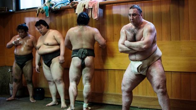 His 178-kilogramme (392-pound) body and white mawashi, or belt, are commonplace, but his bright blue eyes and Western features instantly mark out Georgia-born Levan Gorgadze as different in the traditional Japanese sport. (Behrouz Mehri / AFP) His 178-kilogramme (392-pound) body and white mawashi, or belt, are commonplace, but his bright blue eyes and Western features instantly mark out Georgia-born Levan Gorgadze as different in the traditional Japanese sport. (Behrouz Mehri / AFP)