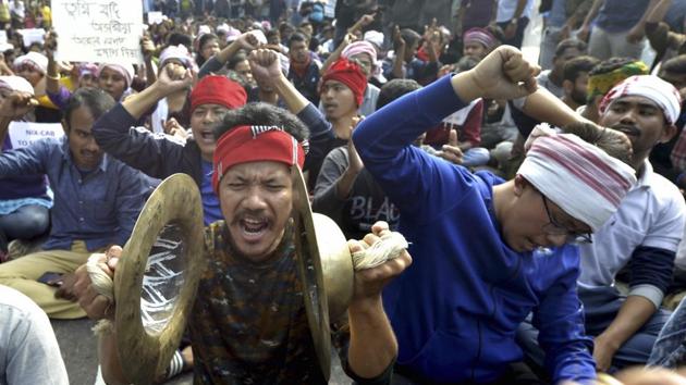 College students raise slogans in protest against the Citizenship Amendment Bill (CAB) during a strike, in Guwahati. The Congress said it will continue to fight the bill. “Today marks a dark day in the constitutional history of India. The passage of the Citizenship Amendment Bill marks the victory of narrow-minded and bigoted forces over India’s pluralism,” said party chief Sonia Gandhi. (PTI)