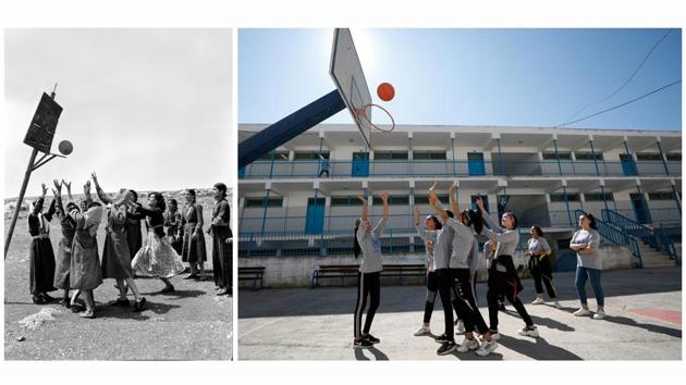 Young women play basketball at the Women’s Activity Centre at Qalandia in this undated handout photo (L) and Palestinian school girls play basketball at UNRWA’s Qalandia school, on September 17, 2019. Amid financial crisis and political uncertainty, Palestinian leaders warned of unrest if services were to vanish. But in November 170 countries voted in committee for UNRWA’s mandate renewal ahead of the main assembly. Only two - Israel and the United States - voted against. (UNRWA / Mohamad Torokman / REUTERS)