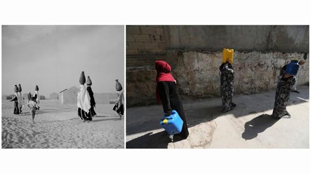 Newly displaced Palestinian refugees walk after fetching potable water in Al-Shati (Beach) refugee camp in Gaza City, in 1953 (L) and Palestinian women walk after fetching potable at the same beach on September 10, 2019. Young women balancing clay water pots on their heads in 1950s Gaza became the grandmothers of a generation who today have taps in their homes but still haul bottled water home because it is filtered, and so safer to drink. (UNRWA / Ibraheem Abu Mustafa / REUTERS)